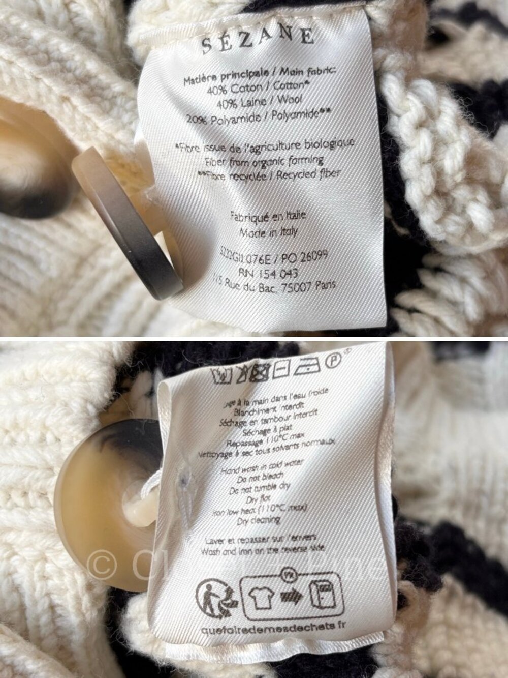 Sezane Sean‎ Cardigan Navy Ecru Striped Size Small Cotton Wool Cable Knit - Picture 10 of 16